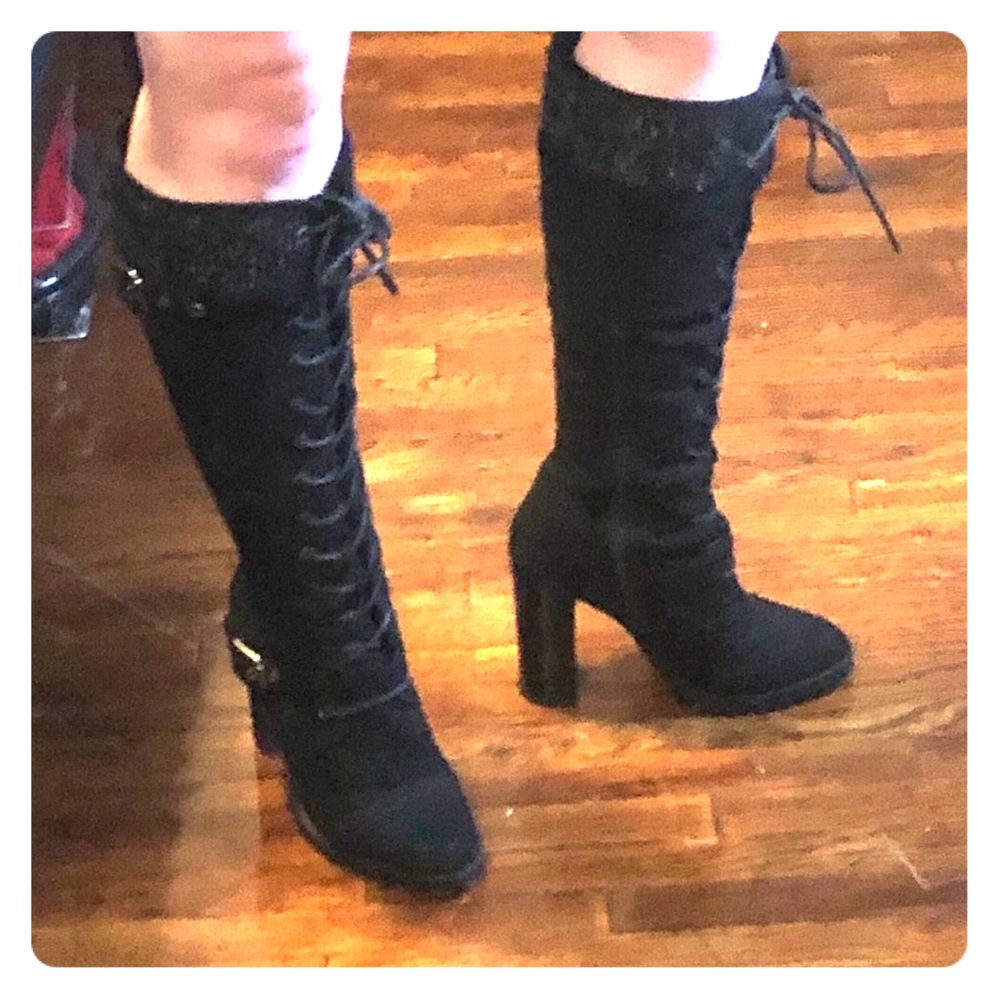 Black leather lace up knee high boots